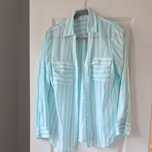 New York & Company Aqua and White Striped Top